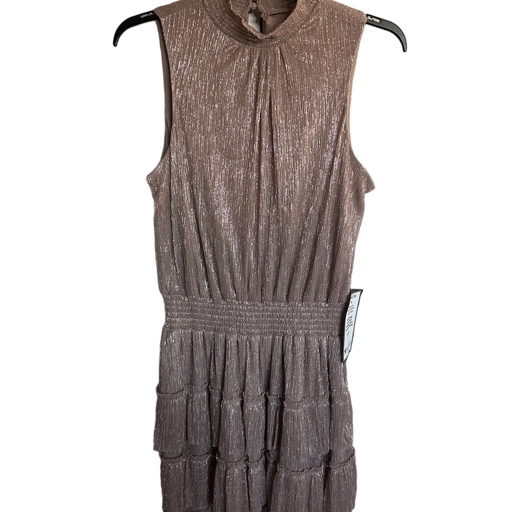 NWT- MSK Women’s Metallic Smocked Tiered High Neck Dress